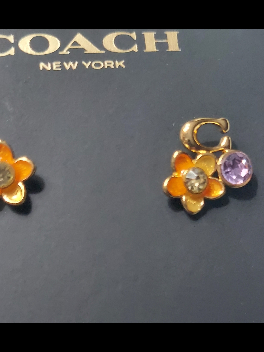 Coach Gold-Tone Orange Enamel Flower Earrings with Purple Crystals - Picture 2 of 3